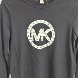 Michael Kors XS Logo Black Long Sleeve Tee with MK Metal Studded Embellishment.